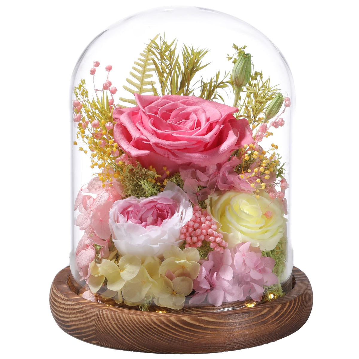 LOVENFOLD pink preserved roses dome with LED display, a durable centerpiece for living spaces.