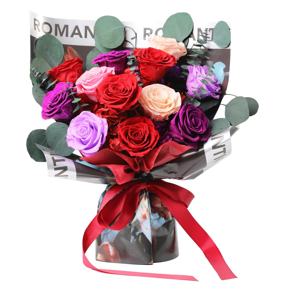 Lovenfold preserved rose bouquet close-up showing 12 red roses for a long lasting display.
