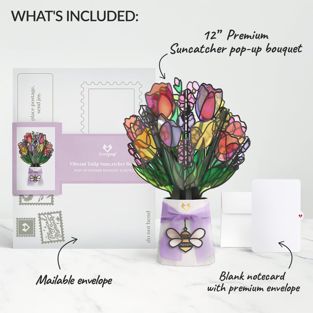 Lovepop 12-inch pop-up bouquet stands on a windowsill or desk.