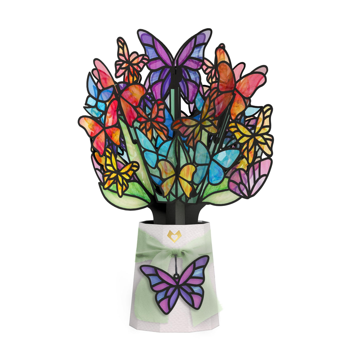 Lovepop Butterfly Brilliance Suncatcher Bouquet with stained-glass wings glowing in sunlight