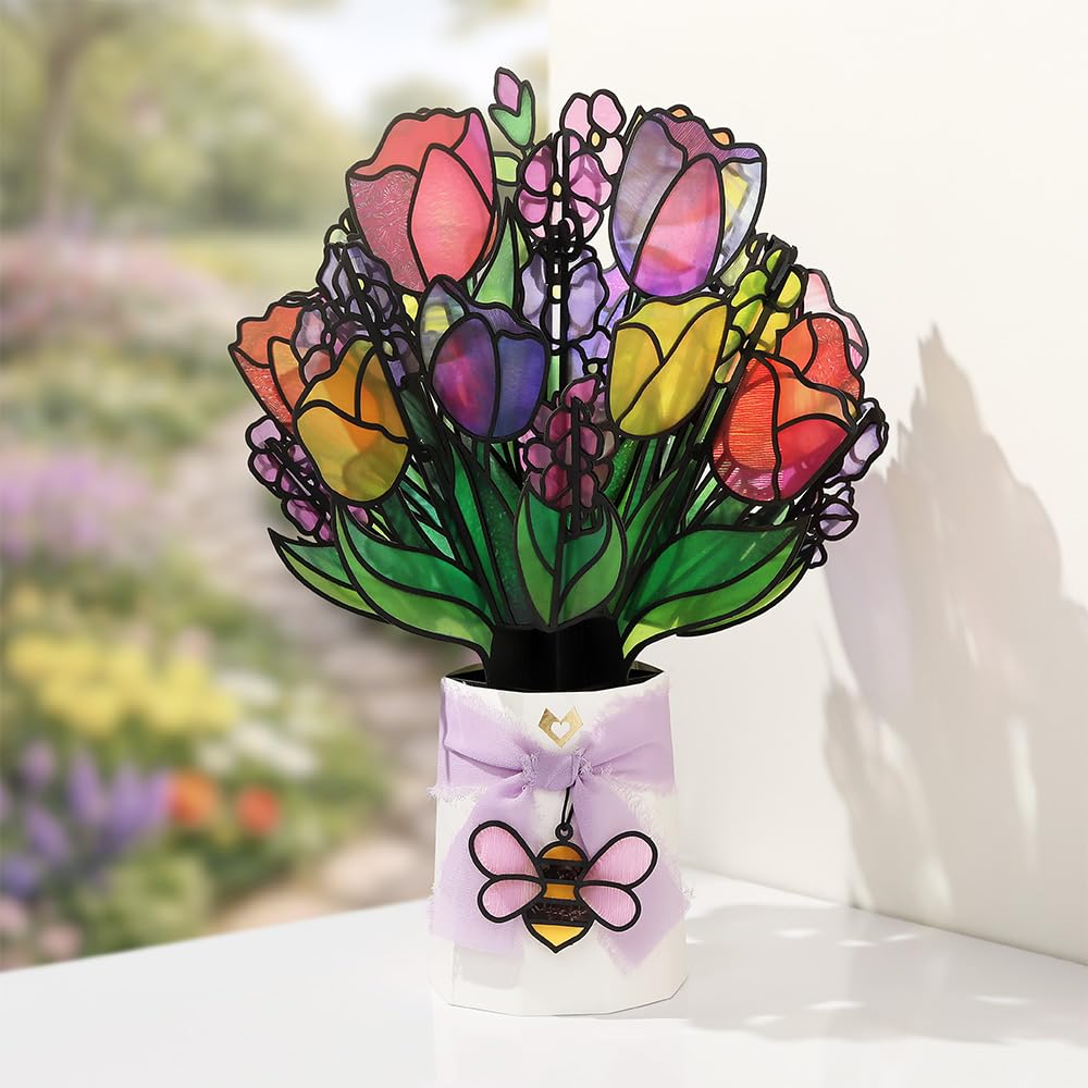 Lovepop bouquet reveals stained-glass-like petals, enhancing any window view.