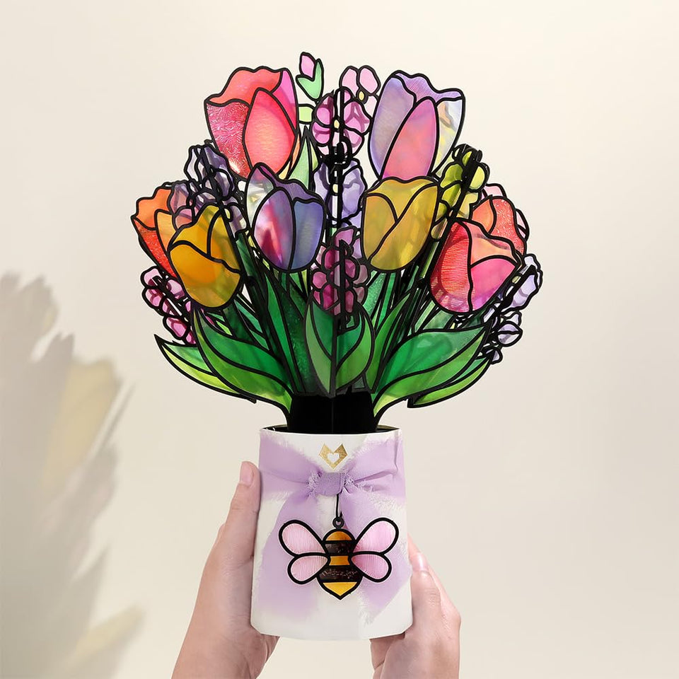 Lovepop Vibrant Tulip Suncatcher Bouquet unfolds into a vivid 3D sunlit display.