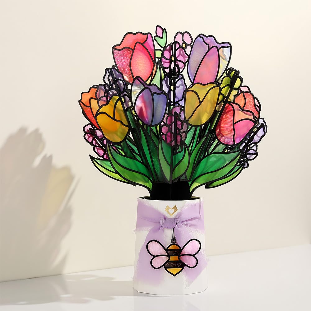 Lovepop white base with lavender ribbon adds elegant display on desks.