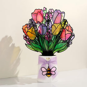 Lovepop white base with lavender ribbon adds elegant display on desks.