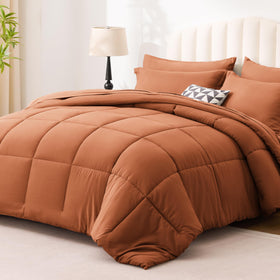 Love's cabin 7-piece set flat sheet on bed with coordinated color options.