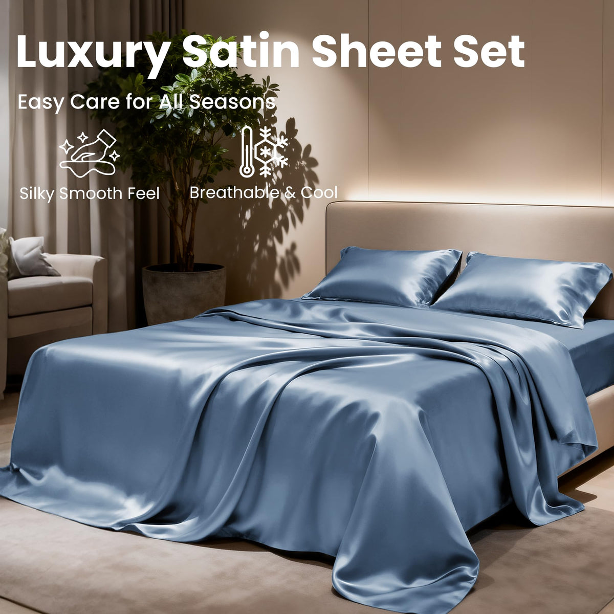 Ash blue Love's cabin satin set creating a calming bedroom mood