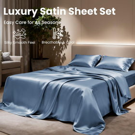 Ash blue Love's cabin satin set creating a calming bedroom mood