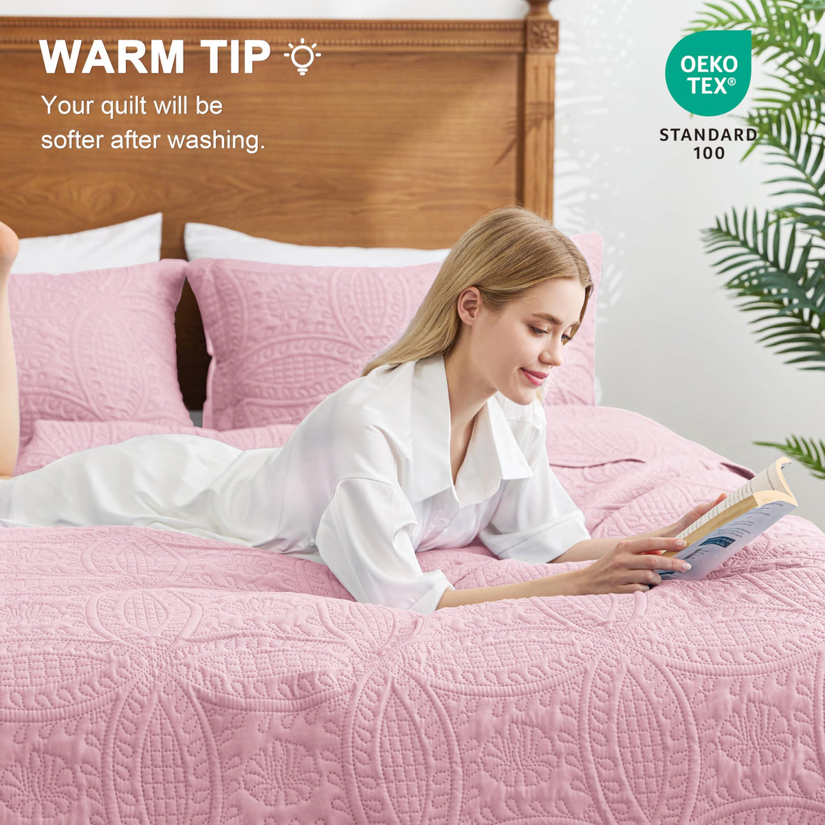 Love's cabin pink quilt on bed demonstrates versatile, year-round appeal.