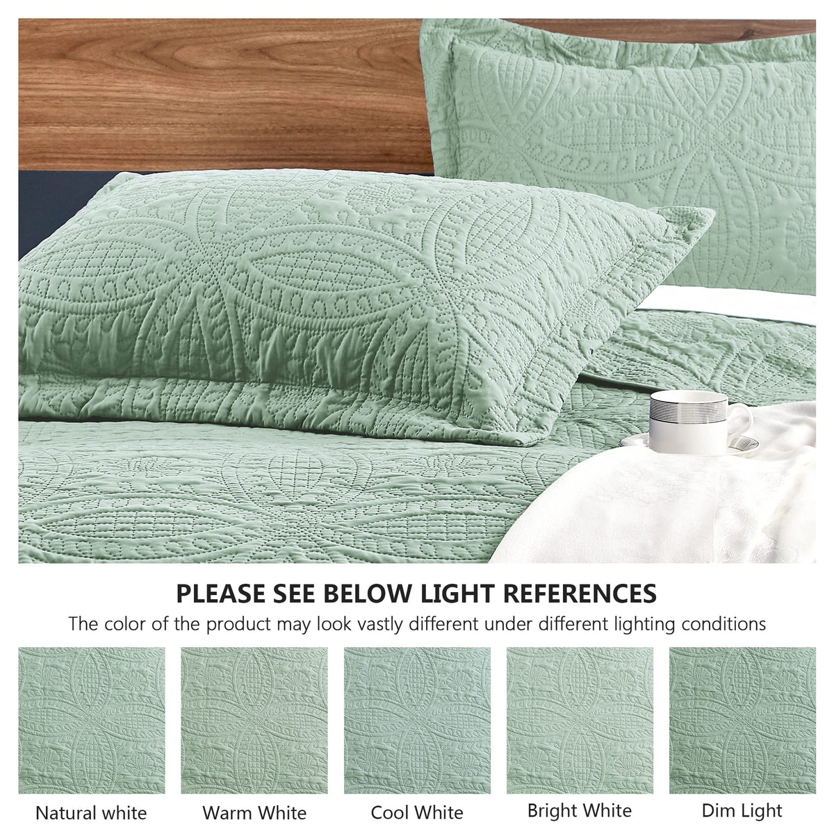 Love's cabin sage-toned bedspread in a cozy bedroom setup
