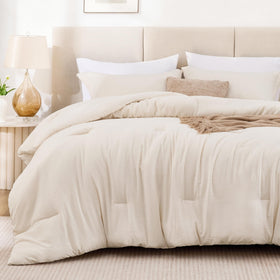 Love's cabin beige comforter full view highlights lightweight design suitable for all-season use.