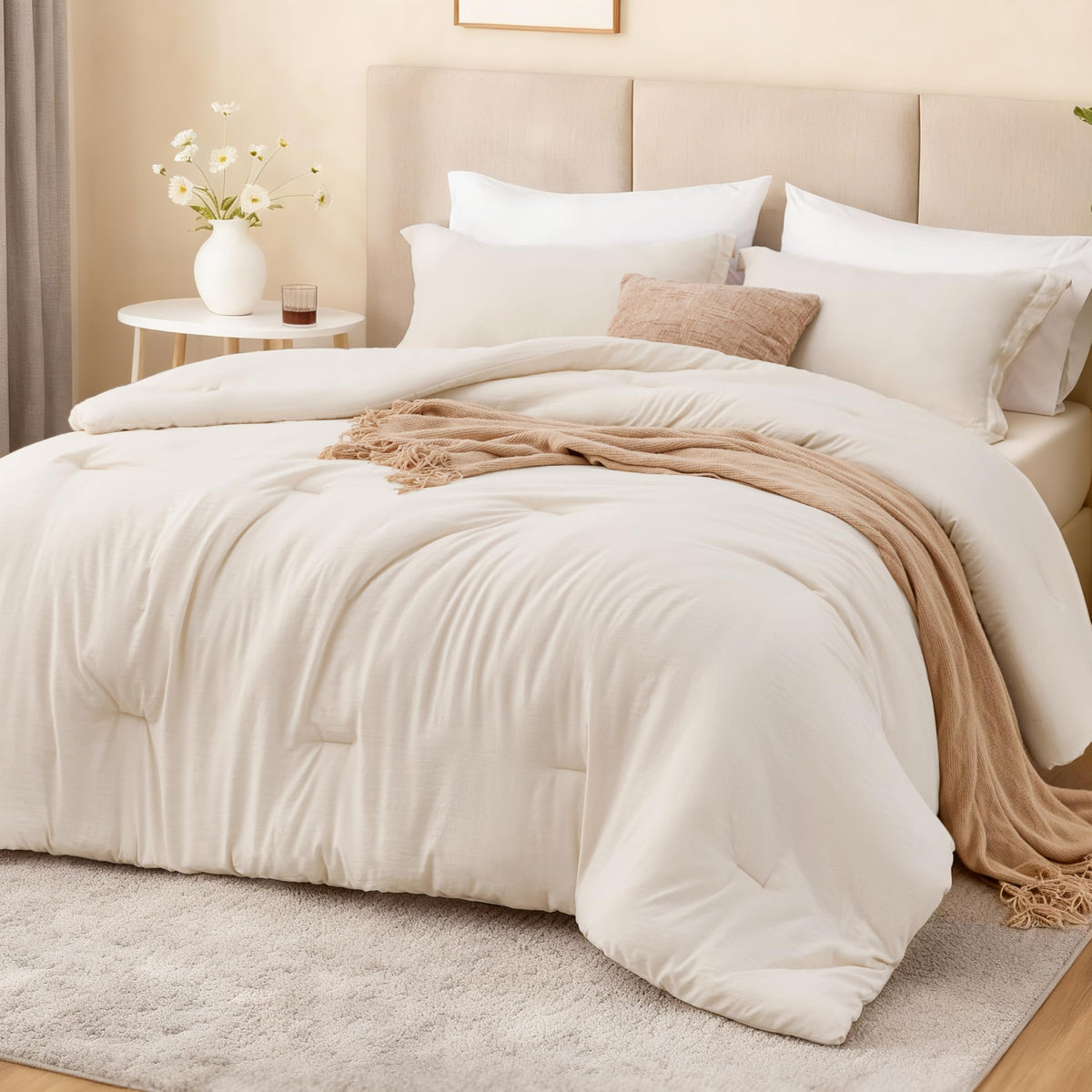 Loves cabin beige king comforter closeup shows soft prewashed texture for cozy nights.