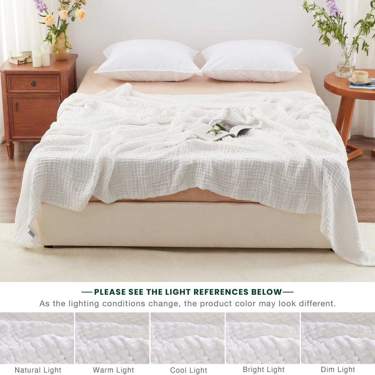 Love's Cabin beige muslin blanket complements warm decor.
