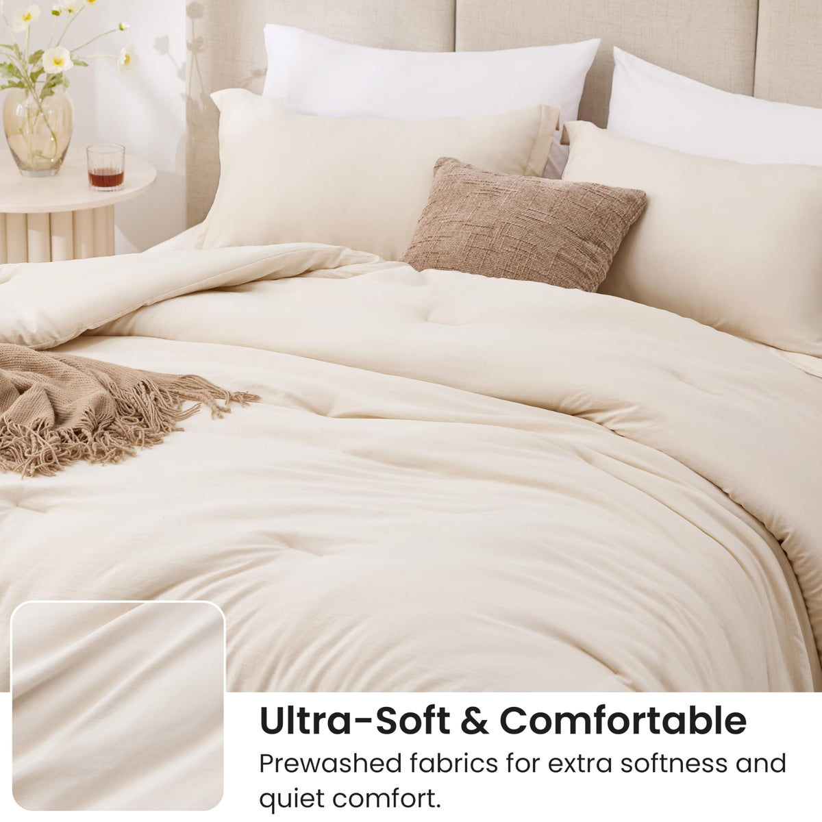 Love's cabin beige queen comforter set lightweight all-season design in bed setup