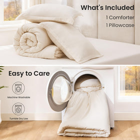 Love's cabin beige bedding complements modern, calming bedroom decor.