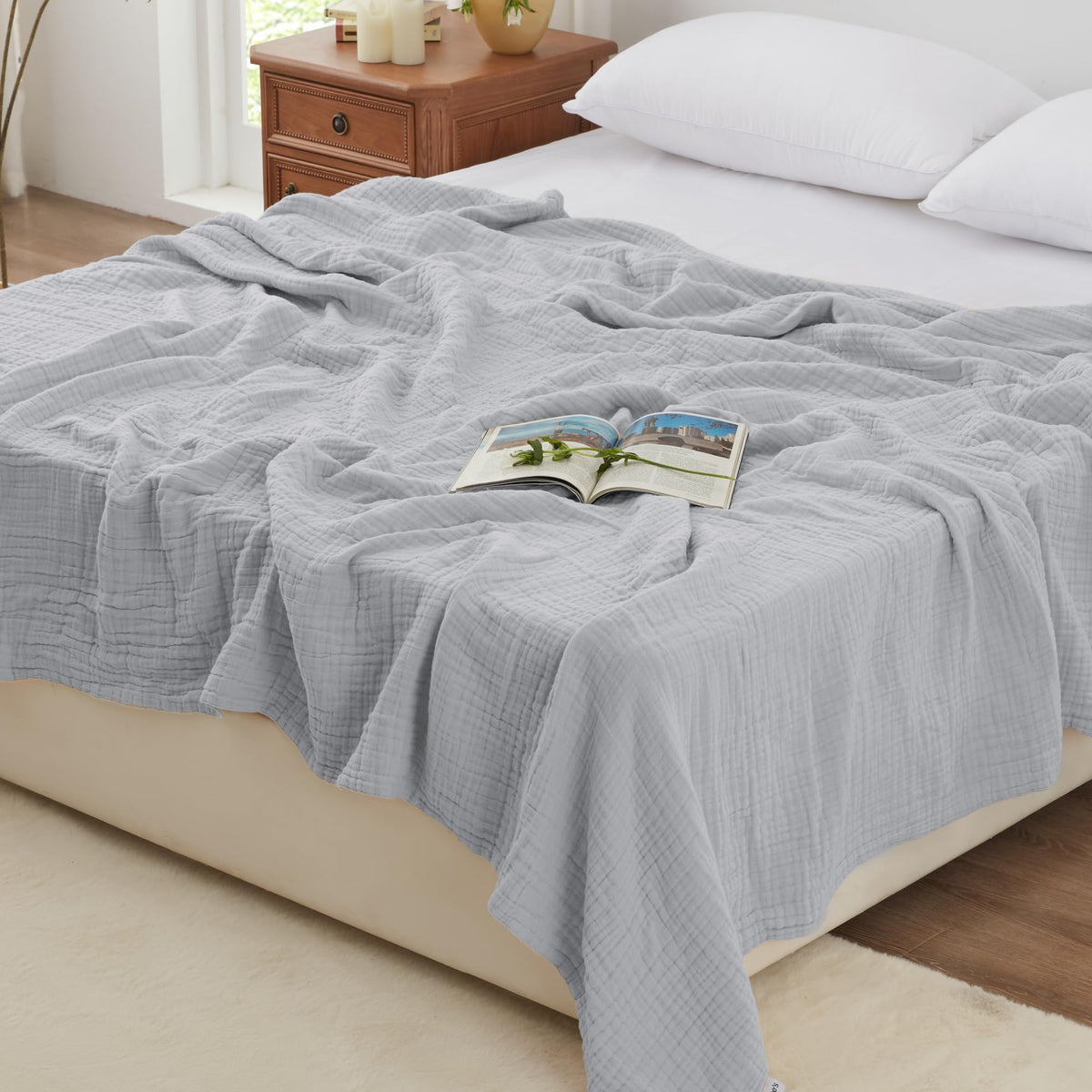 Love's cabin blanket 6-layer gauze close-up highlights breathable texture for year-round comfort