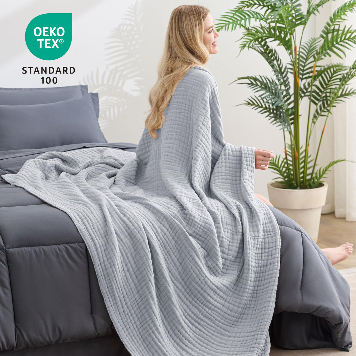 Love's cabin light-grey fabric close-up shows soft, breathable weave