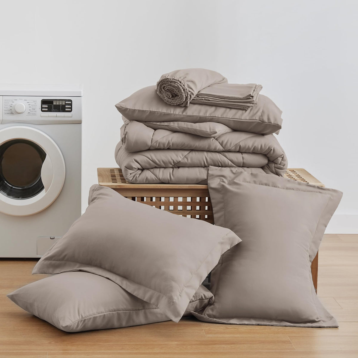 Love's Cabin Burlwood king bed setup showing tidy envelope pillowcases