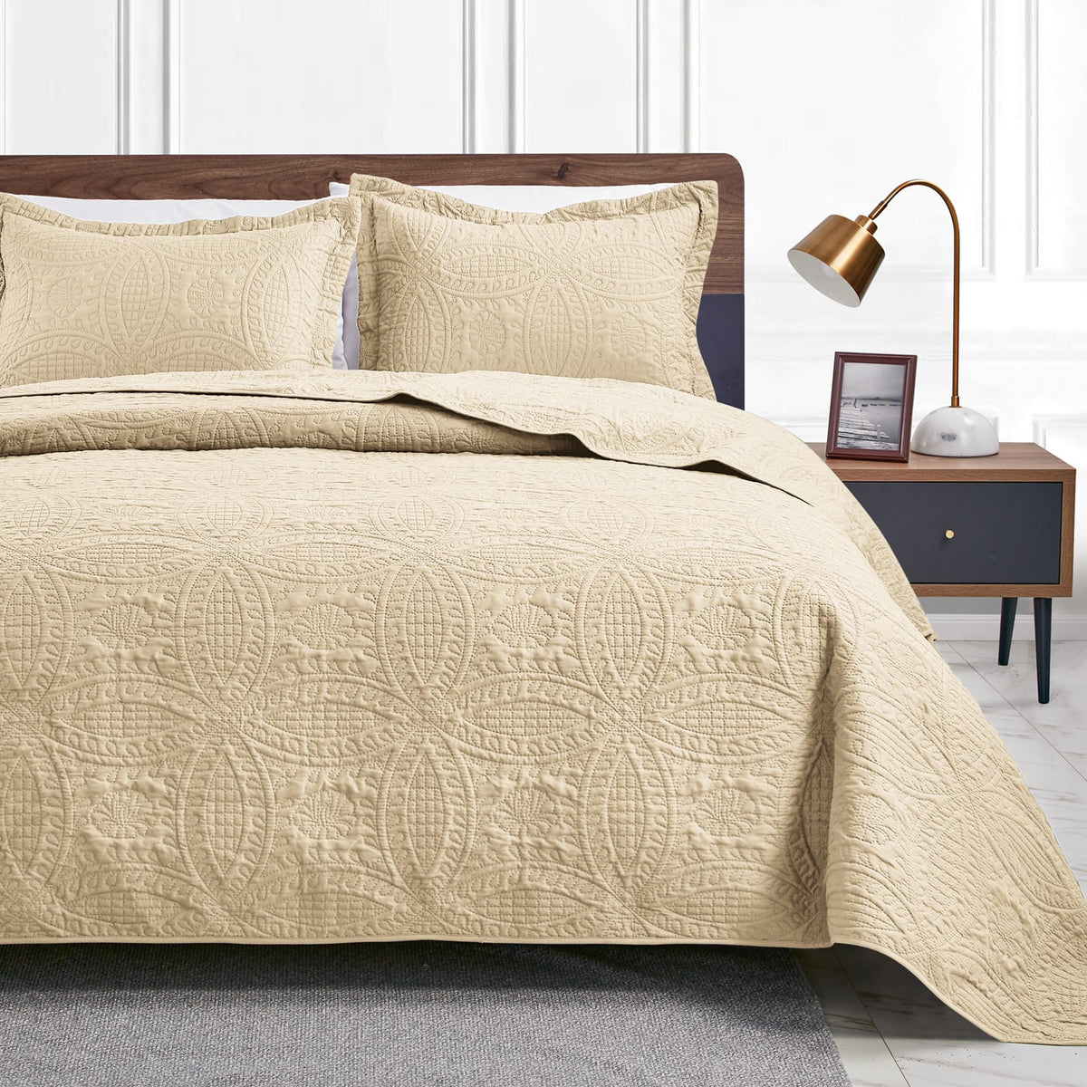 Love's cabin Cal King quilt set on bed in camel color, cozy and easy to care for