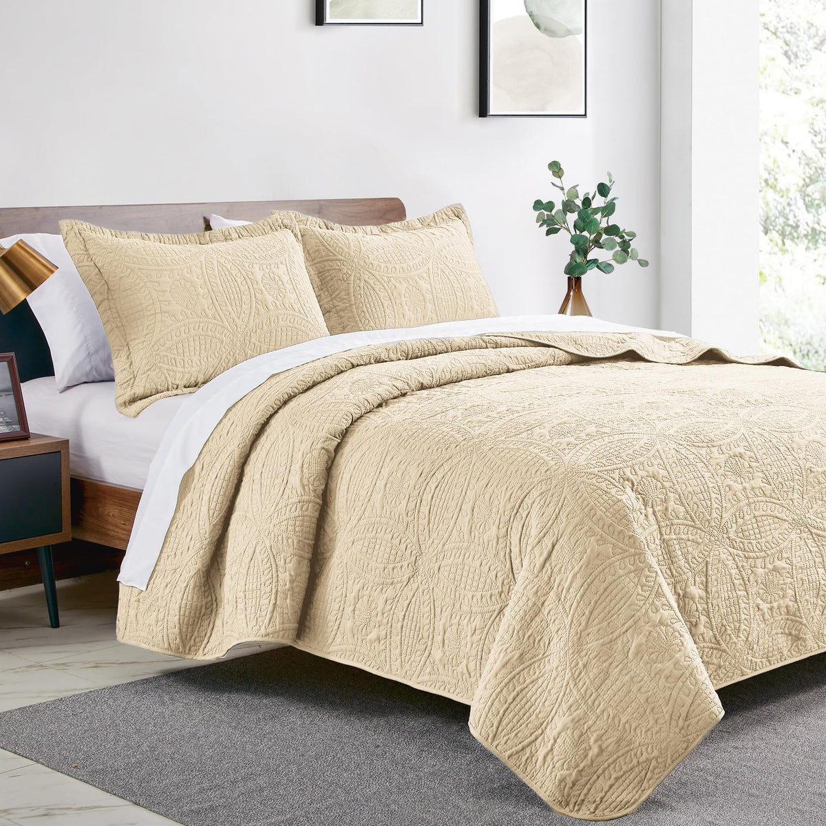 Detail of Love's cabin coin-pattern coverlet embossing for texture