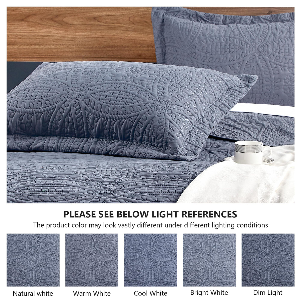 Love's cabin coin-pattern coverlet detail highlights durable, lightweight comfort.