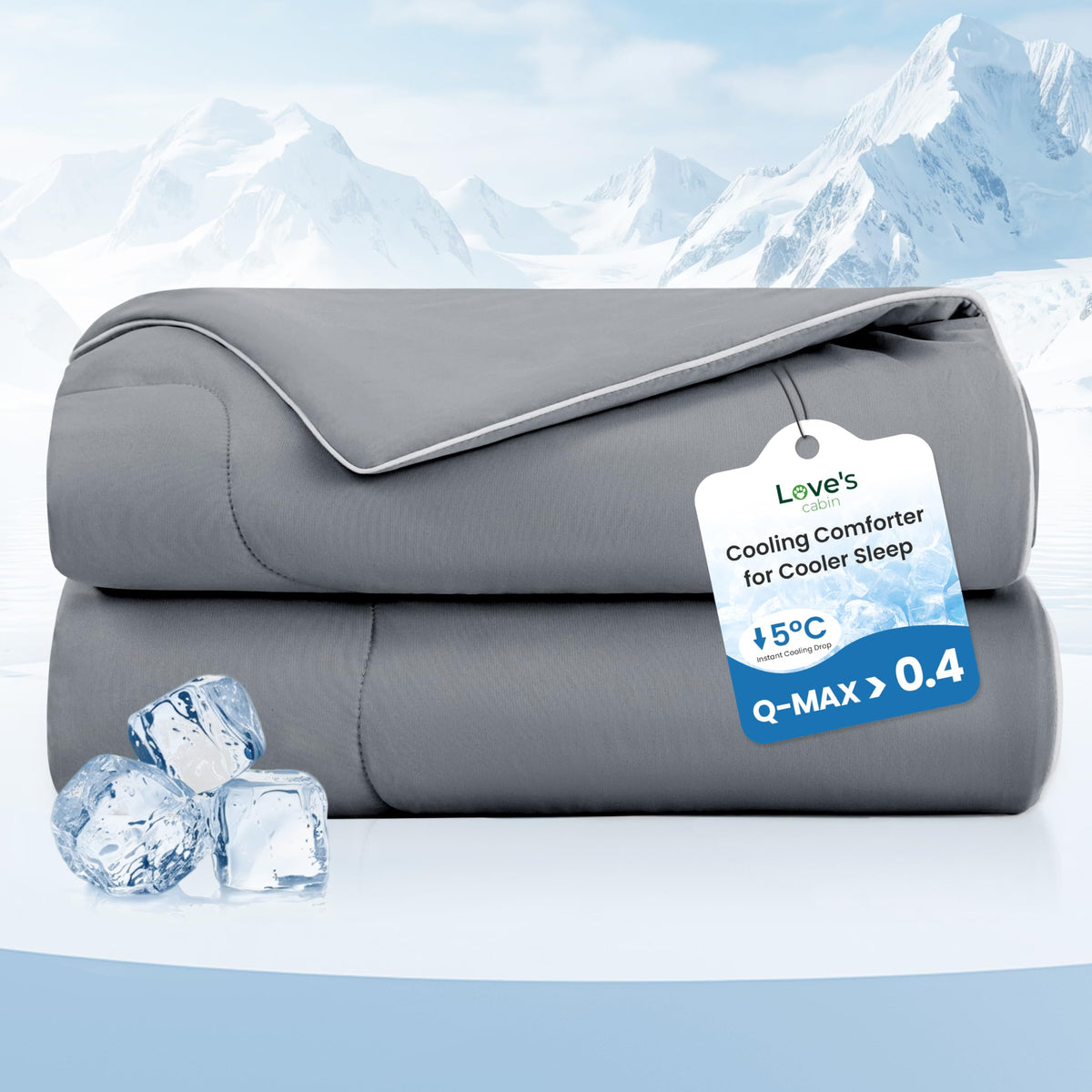 Love's cabin cooling comforter king size on bed with instant cool-to-touch feel