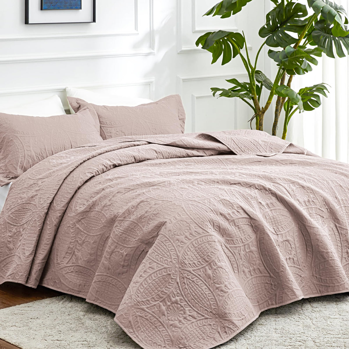 Love's cabin burlwood coverlet shown with ultrasonic pressing for durability.
