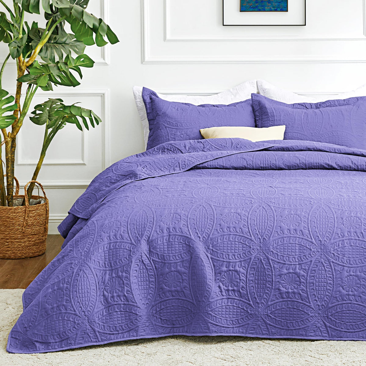 Love's cabin Deep Purple Quilt on bed delivers year-round comfort.