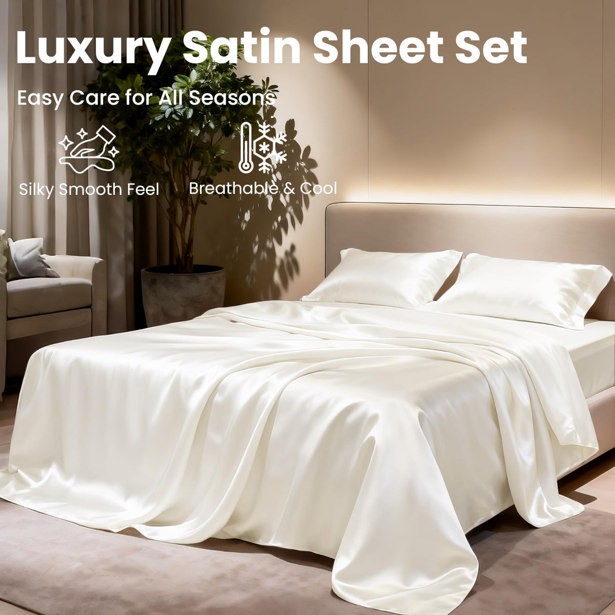Love's cabin ivory satin set feels breathable and cool for comfortable sleep.