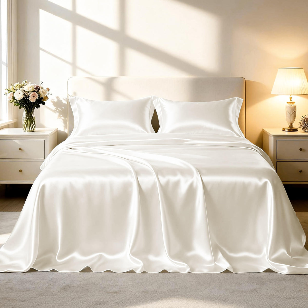 Love's cabin full-size ivory satin sheets set on bed for silky, luxurious nightly comfort.