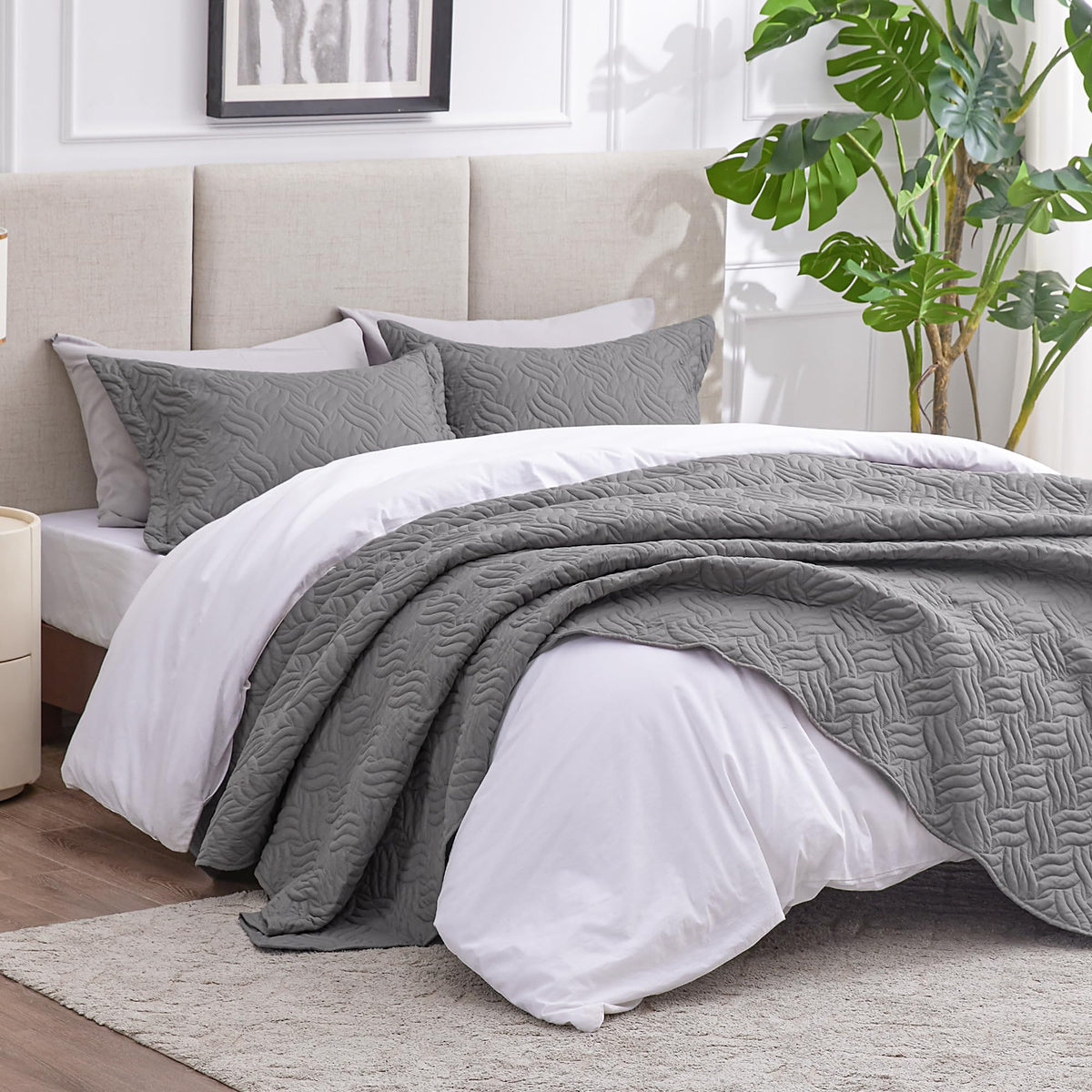 Love's cabin grey bedspread on queen bed with soft, breathable drape.