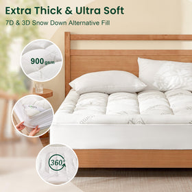Love's cabin king topper stretch skirt reveals 360° fit for 8-20 inch mattresses; secure comfort.