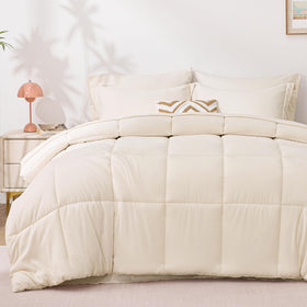 Love's cabin king-size beige comforter set shown as main feature for all-season warmth.