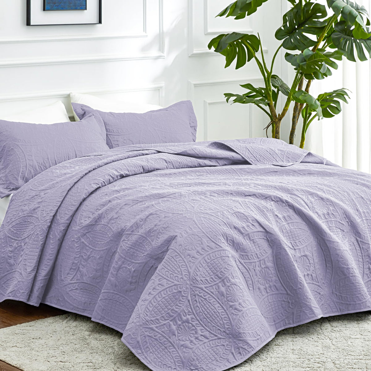 Love's cabin lavender bedspread on queen bed, top view, easy layering option.