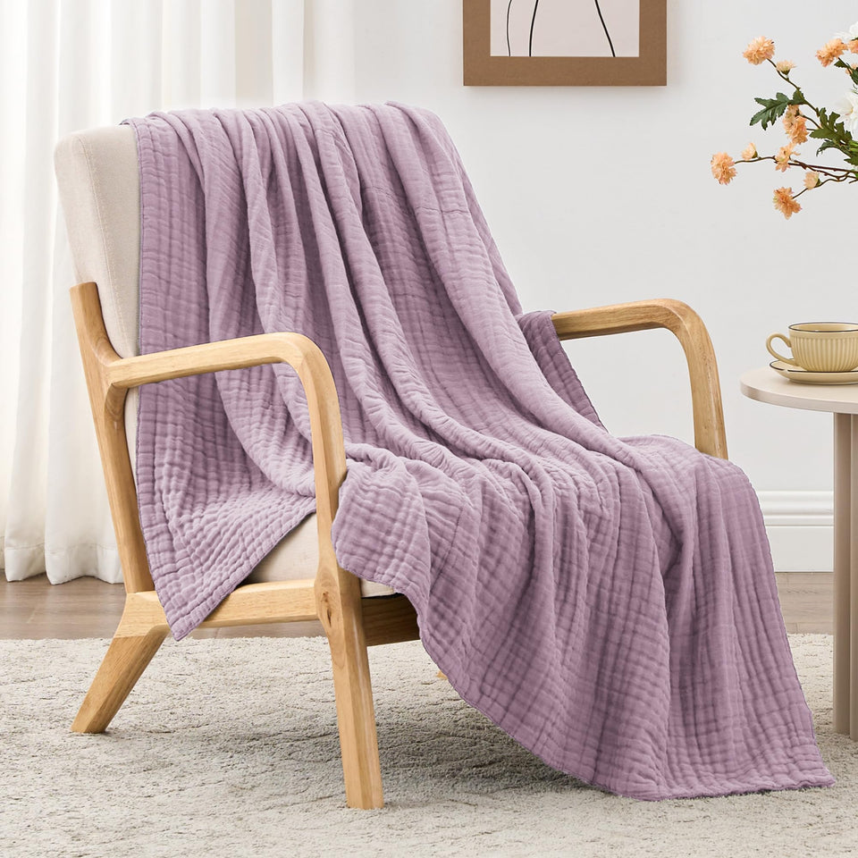 Love's Cabin lavender muslin blanket close-up texture for breathable comfort