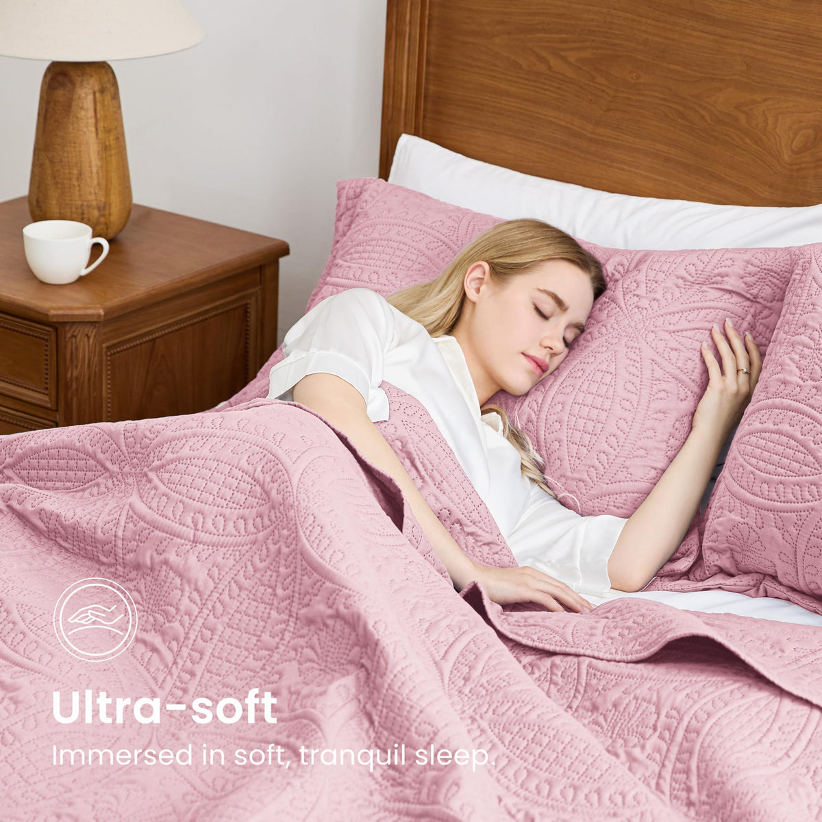 Love's cabin lightweight coverlet shows durable brushed polyester for everyday use.