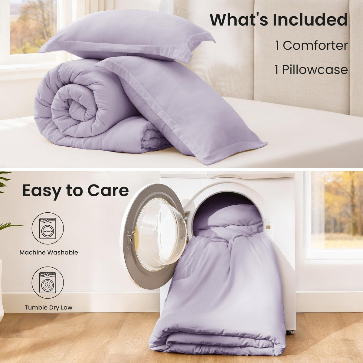 Love's cabin lavender bedding on bed with pillow visible, inviting calm bedroom vibe.