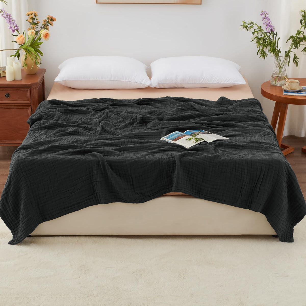 Love's Cabin muslin blanket lightweight and breathable for year-round comfort.