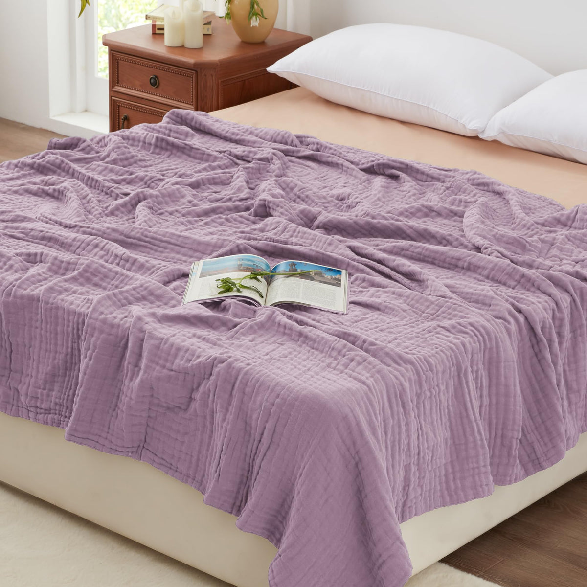 Love's cabin muslin blanket king-size lavender, breathable six-layer cotton for all-season comfort.