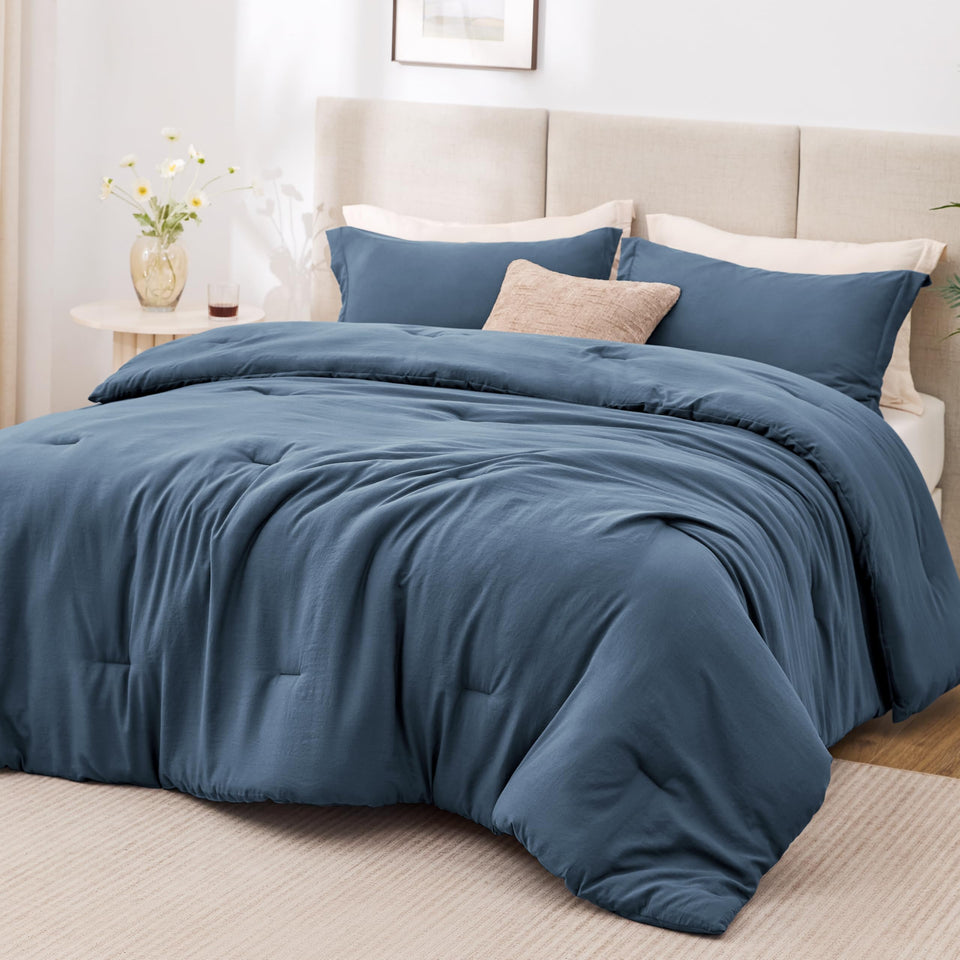 Love's cabin navy blue twin-xl comforter set on bed showing soft breathable fabric