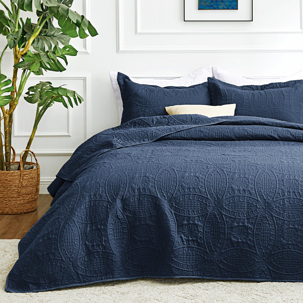 Love's cabin oversized king quilt in navy offers year-round comfort and easy styling.