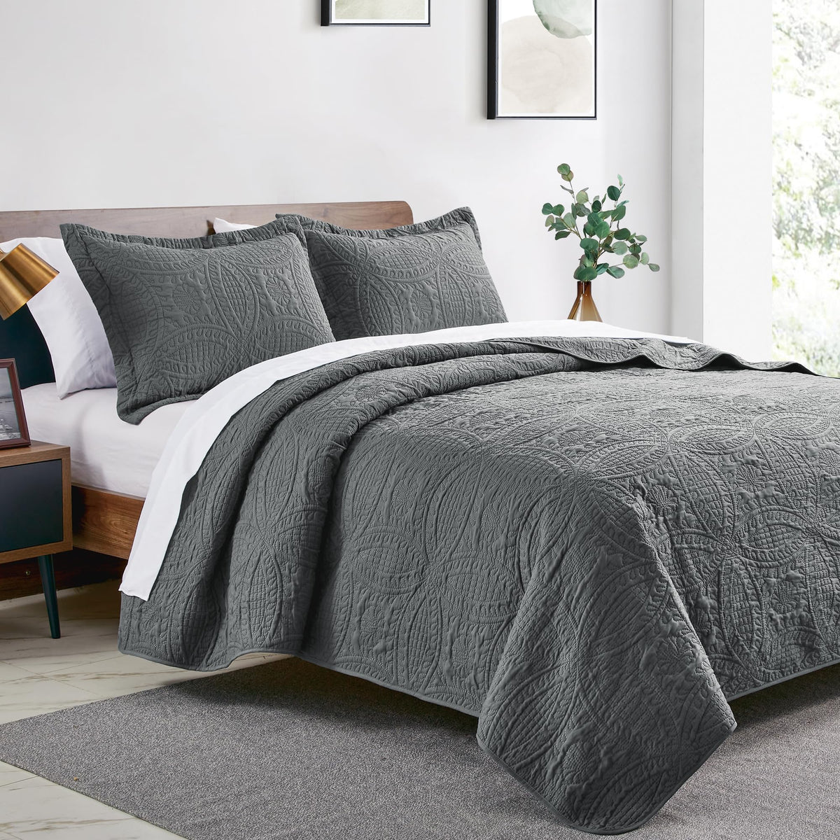 Love's cabin queen bedspread in dark grey enhances cozy bedroom decor