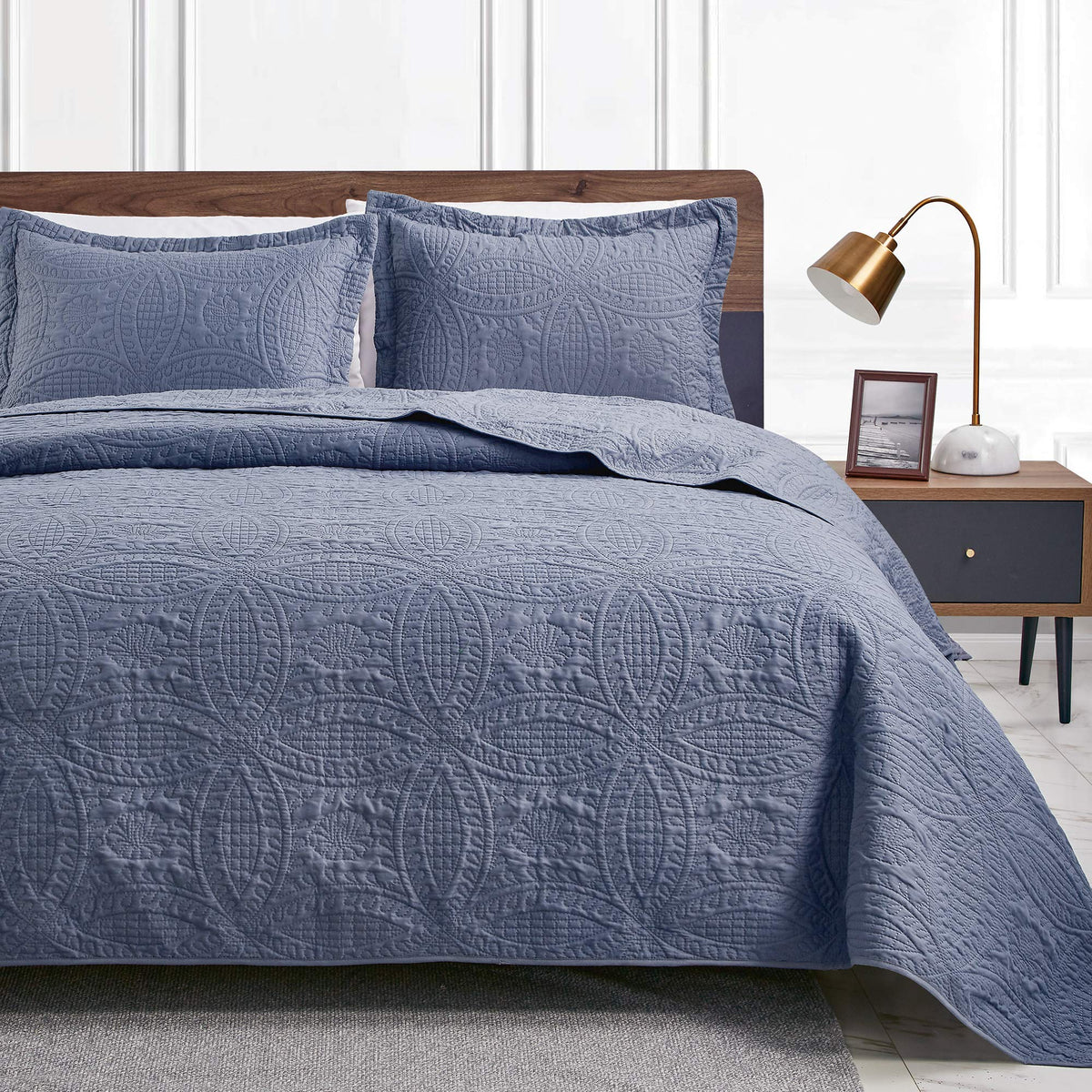 Love's cabin queen quilt blue coin pattern adds lightweight modern focal point