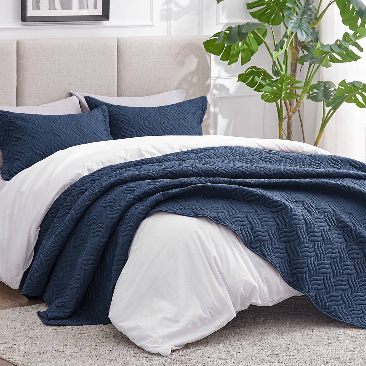 Close-up of embossed wave texture in Love's cabin coverlet for durability