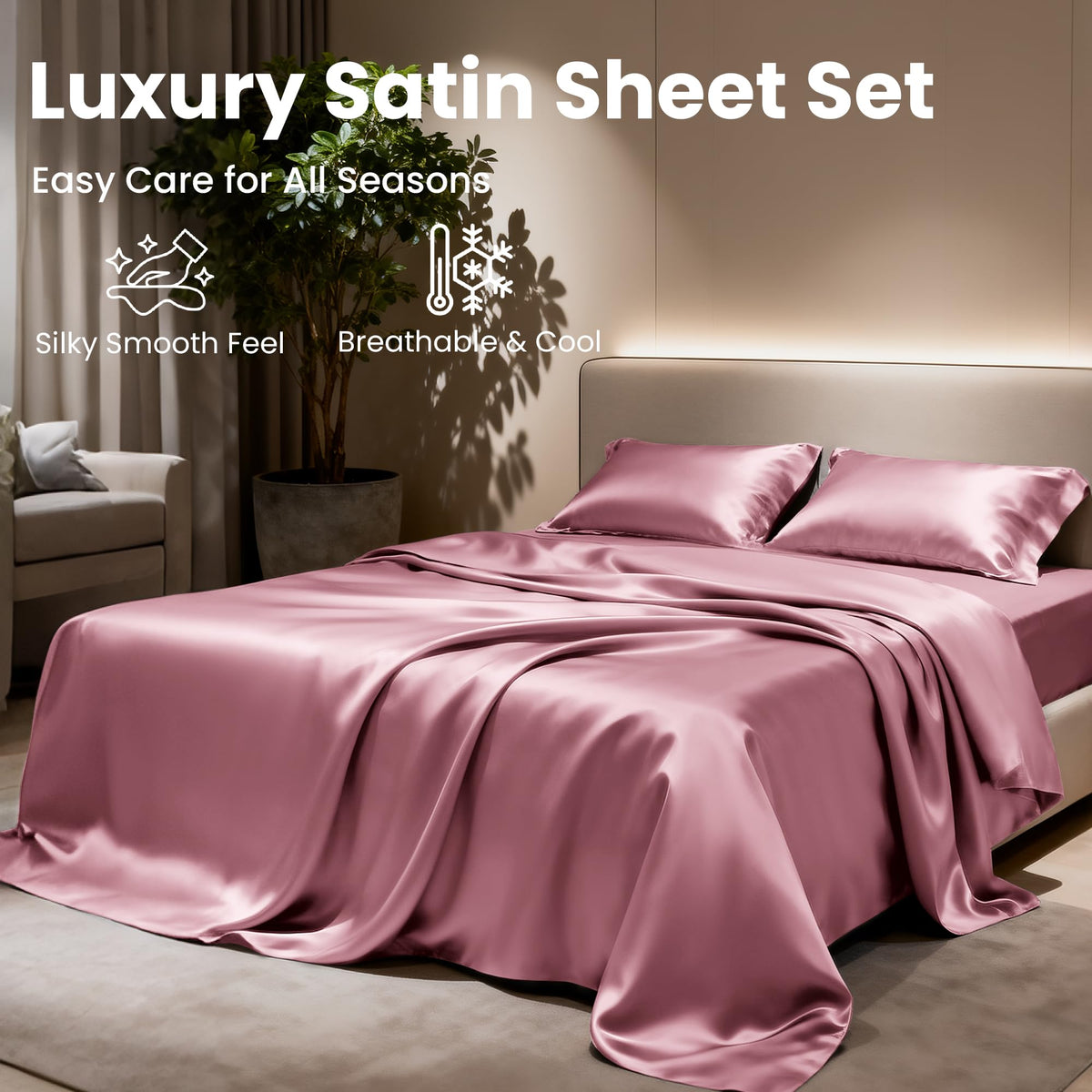 Styled Love's cabin satin bed scene in rose taupe bedroom decor