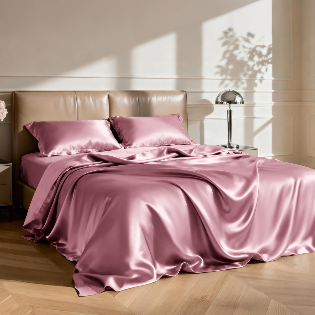 Love's cabin satin fitted sheet showing deep-pocket fit up to 14 inches