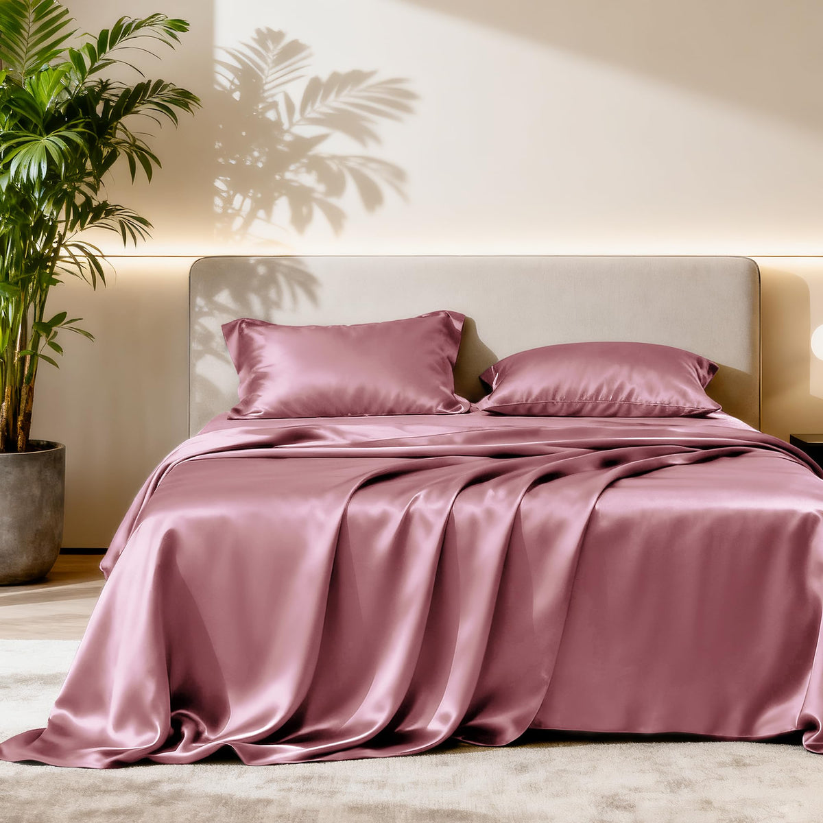Love's cabin satin flat sheet with silky texture and rose taupe color for a luxurious bed look