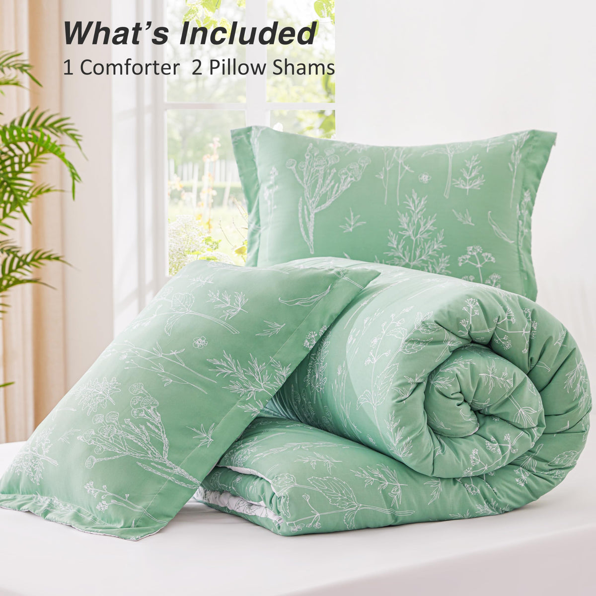 Love's cabin sage-green bedding in a modern bedroom for botanical charm
