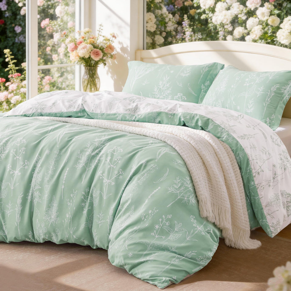 Love's cabin sage-green comforter on bed for cozy all-season sleep
