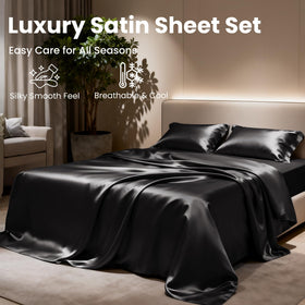 Love's cabin satin bedding with black finish adds modern bedroom style.