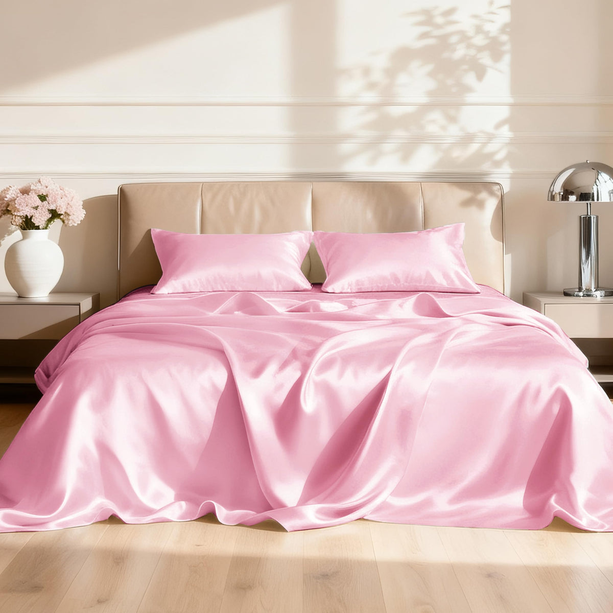 Love's cabin satin king flat sheet close-up with silky finish and cool comfort.